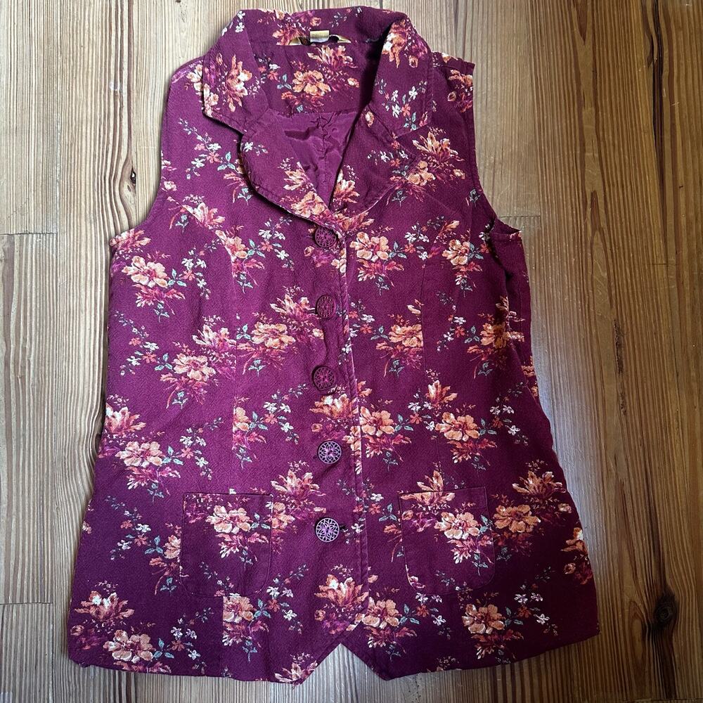 April Cornell red floral‎ button vest SIZE XS